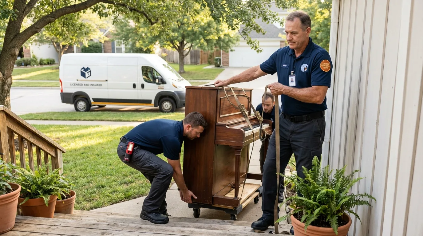 Licensed piano movers securing grand piano in Blue Ridge, GA