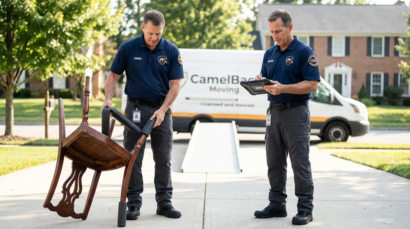 Movers inspecting furniture for damage prevention before loading in Blue Ridge, GA